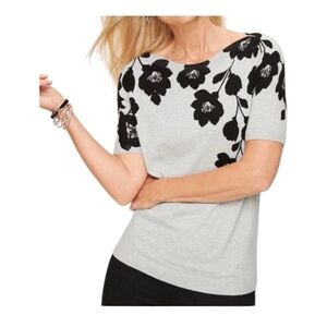 Talbots Gray Short Sleeve Sweater Boat Neck black floral XS